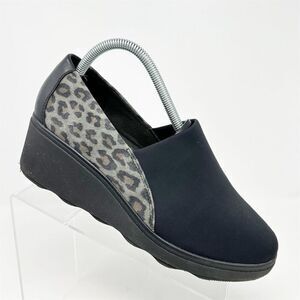 Clarks Women's Black Leopard Print Slip-On Wedge Loafers Size 9 Wide Casual